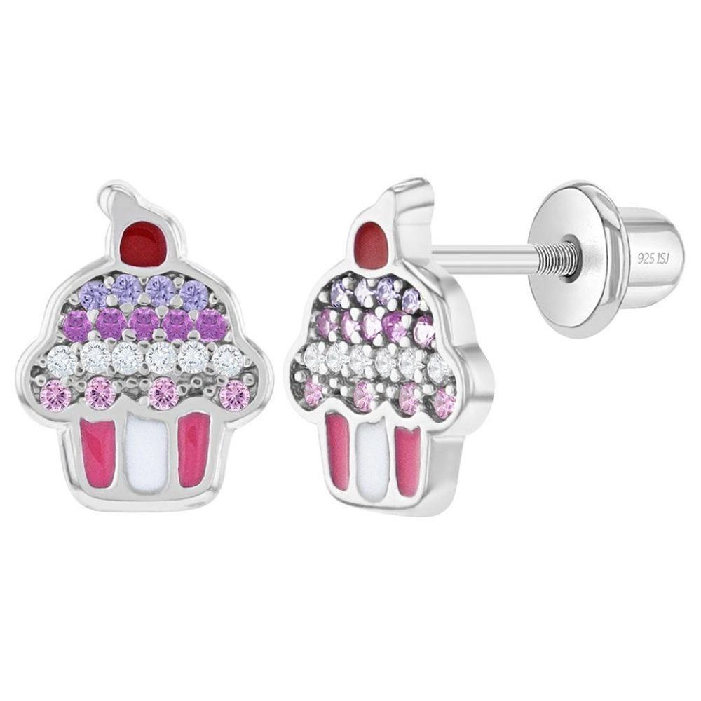 925 Sterling Silver Colorful Enamel CZ Cupcake Screw Back Earrings